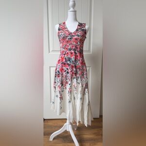 Komarov Floral Crinkle Chiffon Dress Sleeveless V-Neck Asymmetrical Hem Size XS